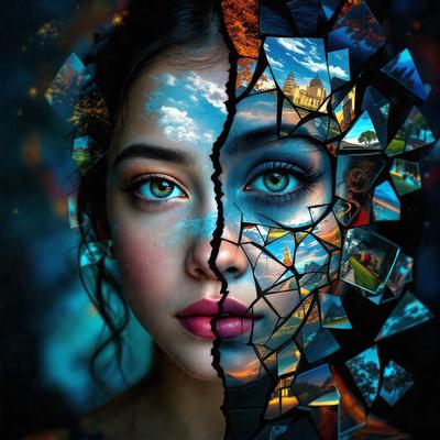 The primary subject of the image is a woman with a unique and artistic appearance. She has a split face, with one half of her face featuring a blue sky and the other half featuring a cityscape. The setting is a combination of the natural environment and urban landscape, creating a visually striking contrast. The visual style of the image is a digital art or illustration, showcasing the creativity and skill of the artist. The colors and mood of the image are vibrant and lively, with the blue sky and